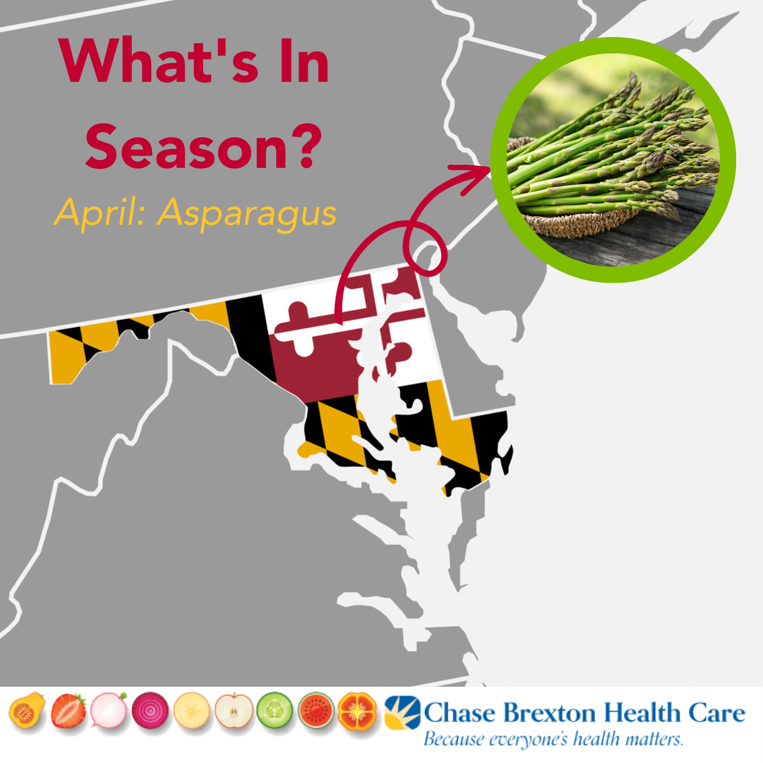 Map of Maryland with a picture of Asparagus. What's In Season? April: Asparagus