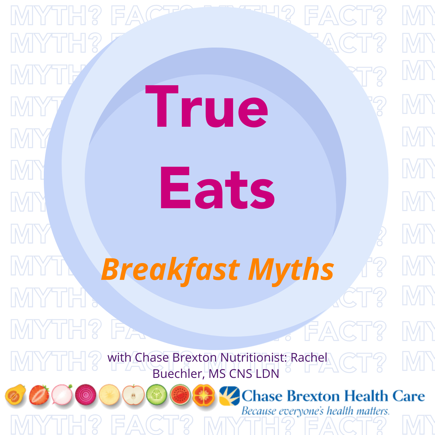 True Eats: Breakfast myths written over a blue plate. 