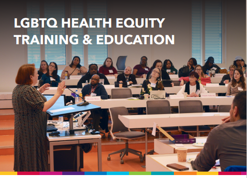 LGBTQ Health Equity Training & Education Photo with a classroom and Kate Bishop leading a training 